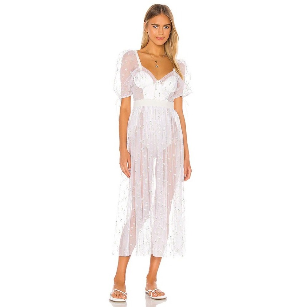 For Love & Lemons White Floral Embroidered Mesh Bustier Midi Dress Womens Large